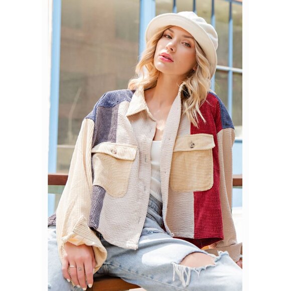 ee:some Pieced Color Block Corduroy Shirt - Picture 1 of 15